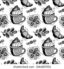 Monochrome print with croissants, a cup of coffee with cream and flowers