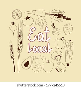 monochrome print design template for local farmers fresh vegetables lettering-eat local, cool postcard, banner. design template for banner,template for banner, web.striking style.vector illustration