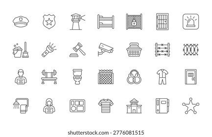 A monochrome prison icon set displays various elements related to security surveillance and justice featuring icons such as handcuffs a security camera and barbed wire fence