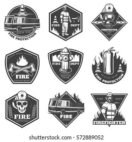 Monochrome professional firefighting labels set with fireman truck and rescue equipment in vintage style isolated vector illustration