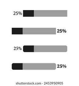 Monochrome progress bars indicating twenty five percent completion. Graphical user interface elements. Data visualization concept. Vector illustration. EPS 10.