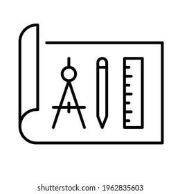 Monochrome project plan icon vector illustration. Linear logo canvas with compass, pencil and ruler isolated. Outline sign of development, studying, architectural or engineering drawing on paper