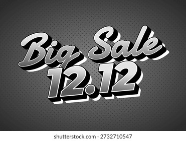 Anuncio promocional monocromo con texto de guion 3d gran venta y fecha en negrita 12.12 sobre fondo semitono oscuro, estilo retro, alto contraste.