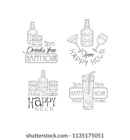 Monochrome promotional signs for cocktail bar or restaurant. Hand drawn vector emblems with alcoholic beverages. Free drinks, happy hour