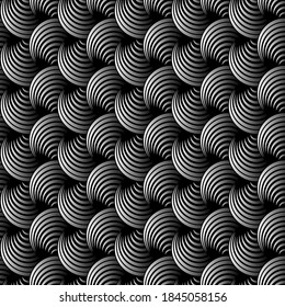 Monochrome psychedelic circular optical pattern, seamless background. Vector wallpaper retro style, illusion modern 1960s