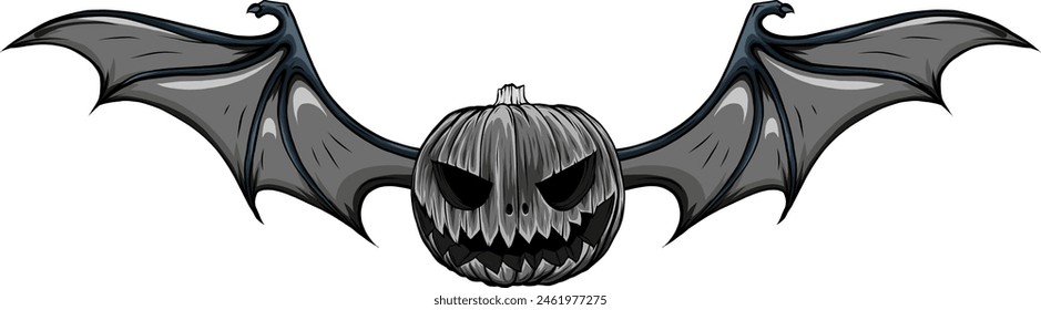 Diseño monocromo de cabeza de calabaza con alas de murciélago