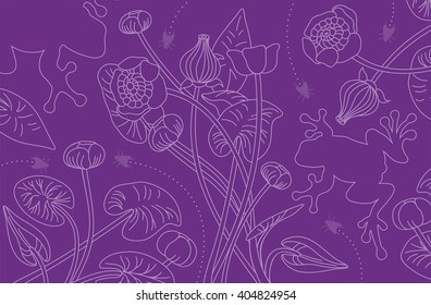 Monochrome purple contour vector illustration with frogs, fly, and water lilies. Vector 10 EPS.