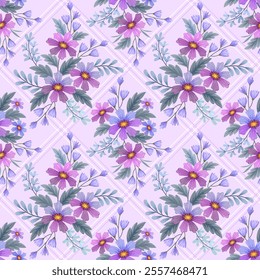 Monochrome purple flowers on light background seamless pattern for fashion design print fabric textile wallpaper gift wrapping.