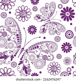 Patrón monocromo violeta sin costuras con flores y mariposas sobre un fondo transparente. Vector eps 10