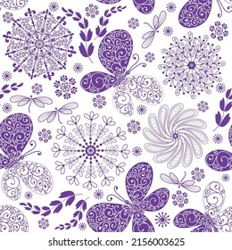 Patrón monocromo violeta sin soldadura con copos de nieve vintage y mariposas en un fondo transparente. Imagen vectorial. Pasos 10