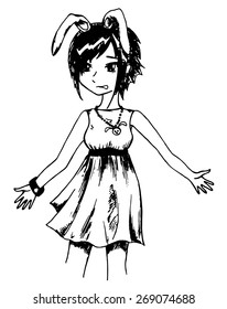 Monochrome rabbit girl anime manga cartoon sketched art vector