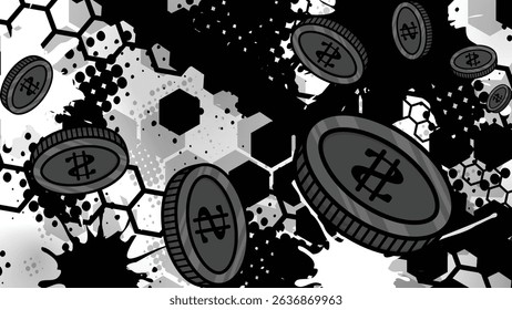 Monochrome Racing Coins, Elegant Black and White Abstract Speed Background with Dark Metallic Coin Vectors, eps 10, editable.