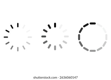 Monochrome radial loading icon vector illustration set for web interface buffering system update rotation process spinner dashboard UI animation design.