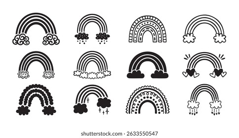 monochrome rainbow icon black set, flat cartoon hand drawn cute rainbow style. Rainbows with clouds hand drawn elements collection. Vector illustration