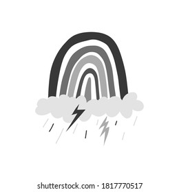 Monochrome rainbow over a cloud with rain and lightning. Vector stock illustration isolated on white background. Close-up rainbow, single.