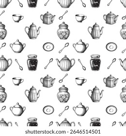 Padrão sem emenda raster monocromático com chaleiras, xícaras, pires, colheres, potes de geleia e potes de biscoito em um estilo vintage gravado.
