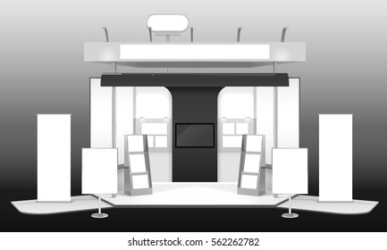 Monochrome Realistic 3d Design Mockup Of Exhibition Advertising Stand With Banners Leaflet Racks Tv Info Boards Vector Illustration