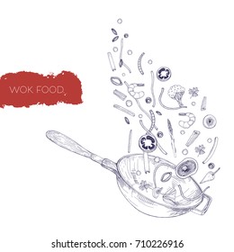 Monochrome realistic drawing of wok pan and vegetables, mushrooms, noodles, spices  frying and tossing up. Chinese cooking vessel hand drawn in antique style with contour lines. Vector illustration.