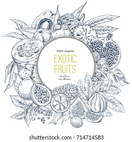 Monochrome realistic drawn exotic fruits, round banner. Hand drawn vector illustration.