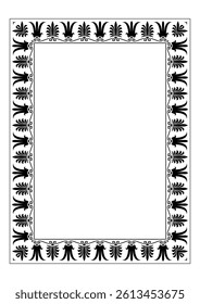 Monochrome rectangular Vertical Greek ornament meander frame. A4 format. Greek pattern frame, ornament, border of Greece, ancient Rome. Diplom, certificate, embroidery, engraving . Palmette. Egyptian