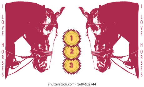 monochrome red and brown silhouettes of horse heads and award rosettes isolated on a white background