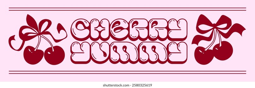 Monochrome red cherry print composition with lettering and decorative silhouette of fruit pairs tied with bows and ribbon. Retro bubble text design on pink background. Sweet vintage candy store style.