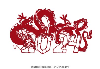 Monochrome red dragon. New year symbol concept. Oriental monster sit on number 2024. Asian zodiac animal, Japanese horoscope beast. Chinese calendar. Flat isolated vector illustration on white