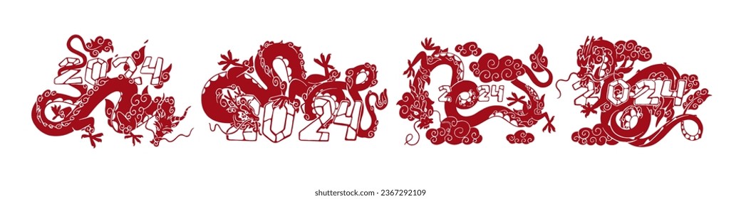 Monochrome red dragon set. 2024 New year Chinese symbol, numbers. Eastern ancient reptile, Asian fantasy animal, oriental beast. Japanese horoscope. Flat isolated vector illustration on white