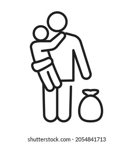 Padre y niño refugiados monocromos con saco de cosas línea icono ilustración vectorial. Esbozo de la familia del logo simple escapa de la guerra, persecución, migración aislada en blanco. Personas inocentes sin hogar