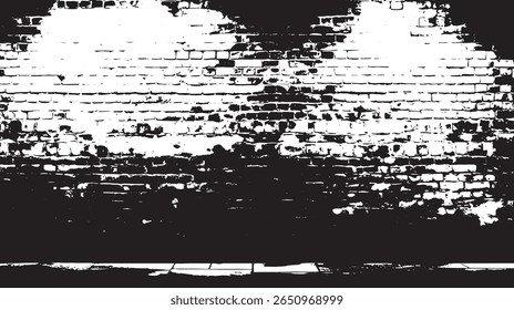 a monochrome rendering of a distressed brick wall with a tiled floor showcasing a high contrast design