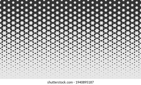 Monochrome repeating geometric texture with stars and gradient. Vector seamless pattern for background, wallpaper, textile, fabric, wrapping paper, web site backdrop. Simple shapes
