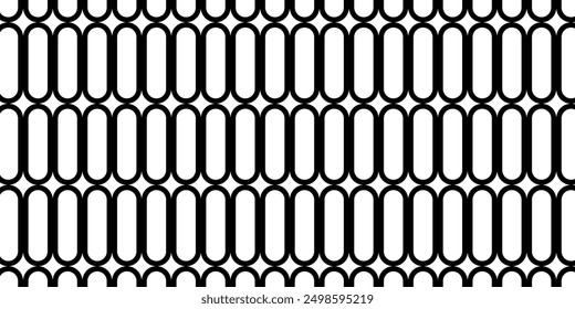 Monochrome repeating rounded rectangles bold grid seamless pattern. Black outline form. Minimalist ornament. Perfect for wallpaper, textile, or graphic design projects. Vector