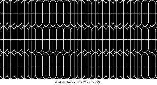 Monochrome repeating rounded rectangles lines seamless pattern. White outline form. Minimalist ornament. Perfect for wallpaper, textile, or graphic design projects. Vector