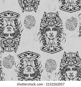 Monochrome repeating seamless girl face pattern. Grunge texture. Perfect for wallpapers, surface, textures, textile.