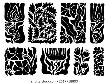 Monochrome retro abstract floral elements collection for stickers, prints, cards, posters, banners, invitations decor. EPS 10