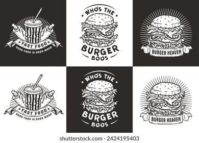 Monochrome retro burger vector set for logo of fast food. American food or hamburger collection for restaurant or cafe.