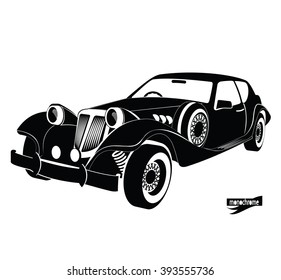 Monochrome retro car, front view black auto silhouette, luxury vintage automobile on white background, hand drawing style for design card, banners, flyer, print. ?ar rental for driving in the city. 