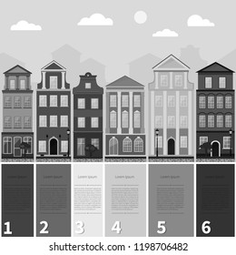 Monochrome retro cityscape. Houses infographic. Vector.