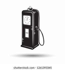 Monochrome retro fuel station icon, diesel or petrol station sign, filling station  isolated on white background with shadow, vector