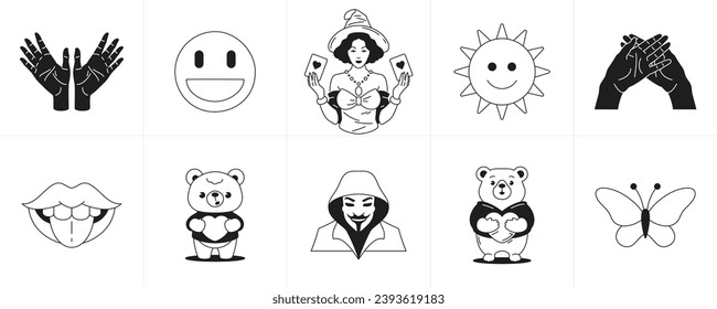 Monochrome Retro-Groovy-Aufkleber trendigen Cartoon-Zeichen und Elemente Linie Symbol gesetzt Vektorgrafik. Surreal minimale Symbol Hände Smiley Frau Zauberin Sonnencreme Bär Spielzeug Schmetterling Maske