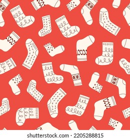 Monochrome Retro Knitted Socks Vector Seamless Pattern. Hand Drawn Fair Isle Knitwear Graphic Print. Winter Holiday Background. Red and White Christmas Doodle Design