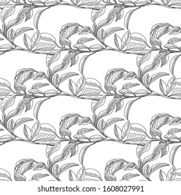Monochrome retro leaf seamless background. Tropical wallpaper. Hand drawn artistic background. Organic texture. Design for wrapping paper, textile print. Vector illustration