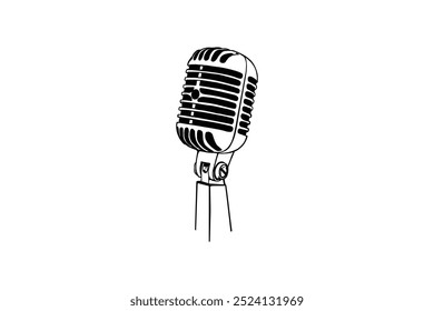 Monochrome retro microphone outline vector illustration for voice, speaking, and radio recording art