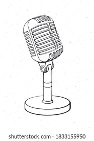 Monochrome retro microphone for voice, music, sound, speak, radio recording. Outline. Vector illustration. Jazz, blues, rock vintage mic. Hand drawn sketch. Isolated white background