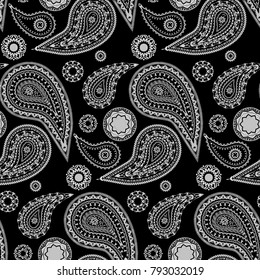 Monochrome, retro paisley seamless pattern. Traditional Indian style paisley design for textile, digital print, paper or web background. decorative flowers, folk style, full repeat bandana design. 