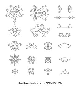Monochrome, retro set of vintage curls, flourishes and swirl for logos, icons, logos, corporate identity. Vector 