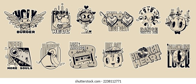 Monochrome retro stickers set isolated on beige background. Contemporary vector illustration of abstract icons with psychodelic emoji, mushroom, dinosaur, pizza, burger characters, casette tape, TV