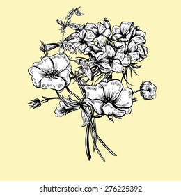 Monochrome Retro Summer Floral Greeting Card, Vintage Bouquet, Vector illustration. Roses. Poppies. Bluebells. Peony. Lily on White Background