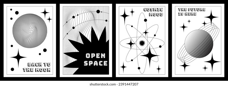 Monochrome Retrofuturism Poster set. Primitive avant-garde minimalistic print with Geometrical Brutalism Shapes and Slogans. Cyberpunk elements, perspective grid, circle, stars. Vector illustration.