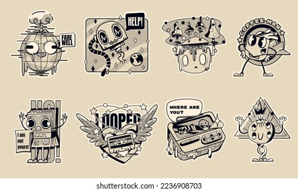 Monochrome retrowave stickers, comic patches in y2k style. Psychedelic icons with Earth globe, mushrooms, coffee, vintage cassette, pager and money, vector cartoon set